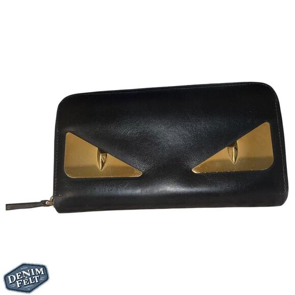 FENDI Black BUG BUGS EYE Calfskin Leather Long Zip Around Continental Wallet - Picture 2 of 16